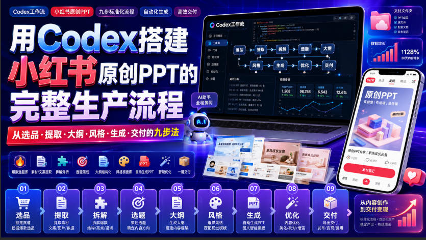 用Codex搭建小红书原创PPT的完整生产流程,从选品·提取·大纲·风格·生成·交付的九步法-宇文网创