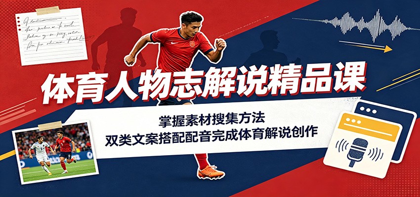 体育人物志解说精品课：掌握素材搜集方法，双类文案搭配配音完成体育解说创作-宇文网创