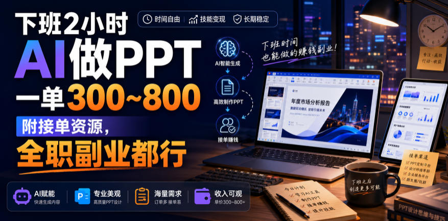 下班2小时AI做PPT,一单300~800,附接单资源,全职副业都行【揭秘】-宇文网创