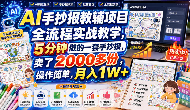 AI手抄报教辅项目全流程实战教学,5分钟做的一套手抄报,卖了2000多份,操作简单,月入1W+-宇文网创