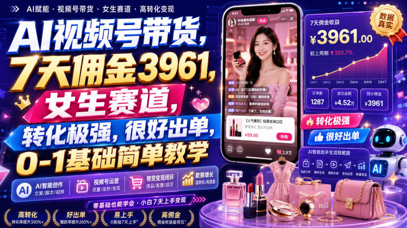 AI视频号带货,7天佣金3961,女生赛道,转化极强,很好出单,0-1基础简单教学-宇文网创
