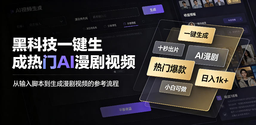 黑科技一键生成热门AI漫剧视频，十秒钟即可搞定，小白也能日入1k+【揭秘】-宇文网创