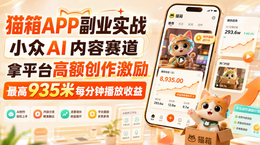猫箱APP副业实战,小众AI内容赛道,拿平台高额创作激励,最高935米每分钟播放收益-宇文网创