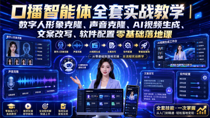 口播智能体全套实战教学｜数字人形象克隆、声音克隆、AI视频生成、文案改写、软件配置零基础落地课-宇文网创