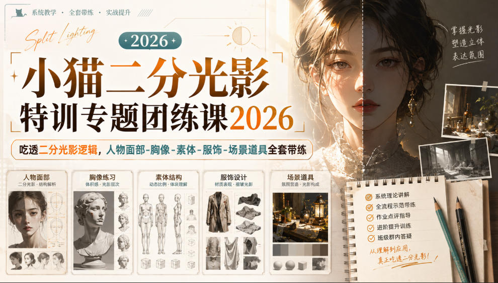 小猫二分光影特训专题团练课2026｜吃透二分光影逻辑，人物面部‑胸像‑素体‑服饰‑场景道具全套带练，高清画质附赠课件与笔刷-宇文网创
