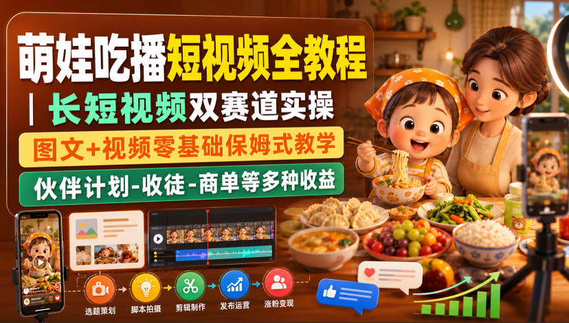 萌娃吃播短视频全教程|长短视频双赛道实操,图文+视频零基础保姆式教学,伙伴计划-收徒-商单等多种变现方式-宇文网创
