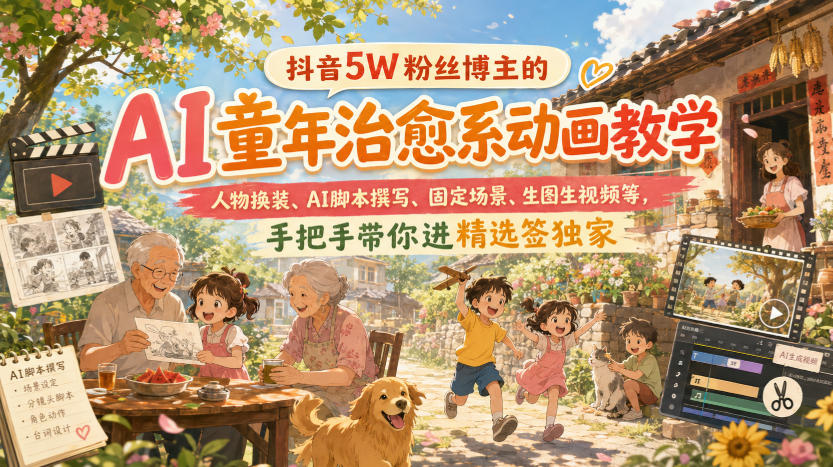 抖音5W粉丝博主的AI童年治愈系动画教学，人物换装、AI脚本撰写、固定场景、生图生视频等，手把手带你进精选签独家-宇文网创
