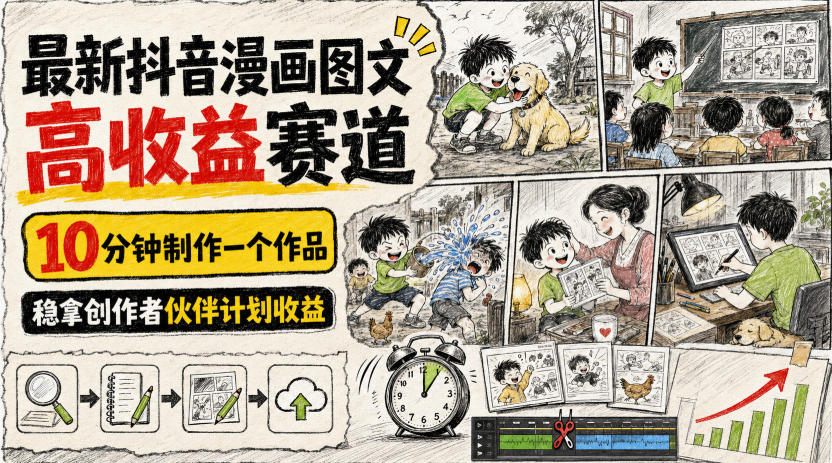 最新抖音漫画图文高收益赛道,10分钟制作一个作品,稳拿创作者伙伴计划收益-宇文网创