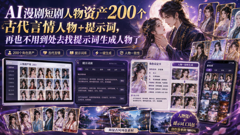 AI漫剧短剧人物资产200个古代言情人物+提示词，再也不用到处去找提示词生成人物了-宇文网创