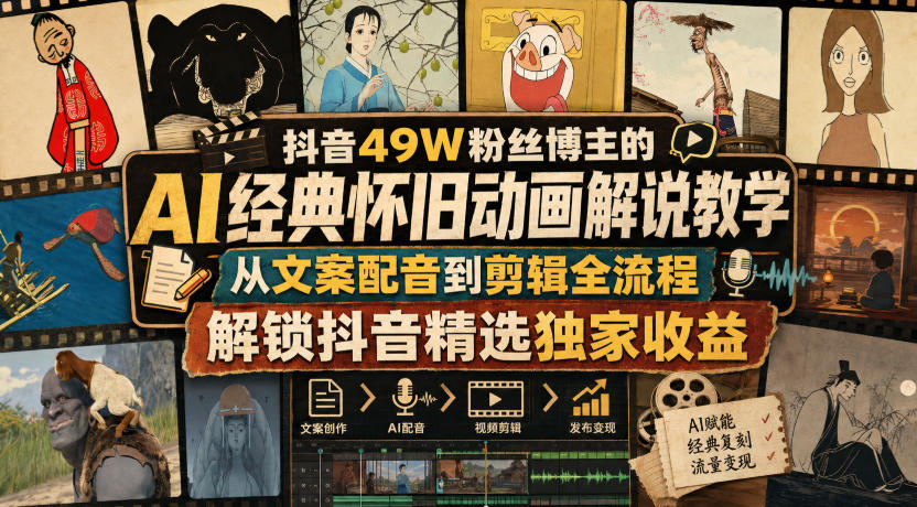 抖音49W粉丝博主的AI经典怀旧动画解说教学,从文案配音到剪辑全流程,解锁抖音精选独家收益-宇文网创