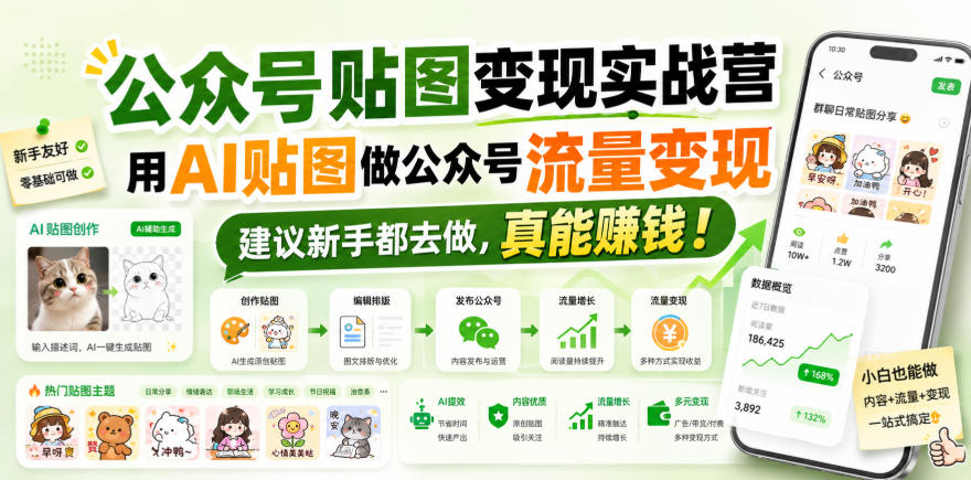 公众号贴图变现实战营，用AI贴图做公众号流量变现，建议新手都去做，真能賺钱！-宇文网创