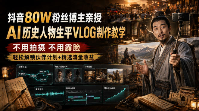 抖音80W粉丝博主的AI历史人物生平VLOG教学,不用拍摄不用露脸,AI帮你搞定,轻松解锁伙伴计划+精选收益-宇文网创