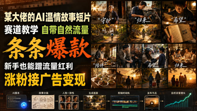 某大佬的AI温情故事短片赛道教学,自带自然流量,条条爆款,新手也能蹭流量红利,涨粉接广告变现-宇文网创