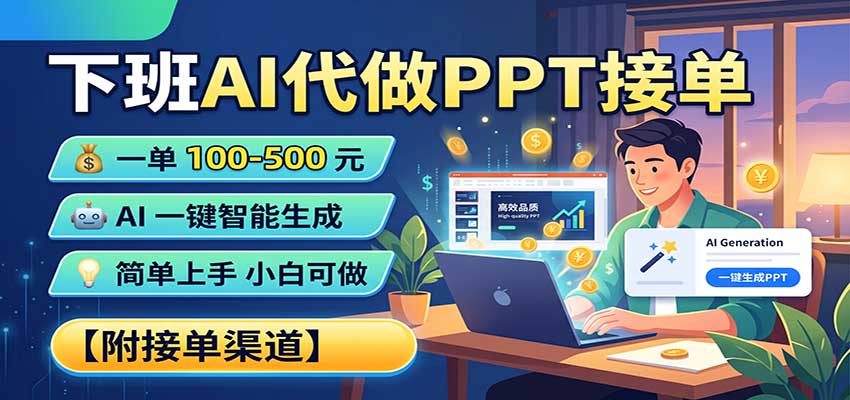 下班AI代做PPT接单，一单100-500，AI一键生成，小白也能做，附接单渠道-宇文网创
