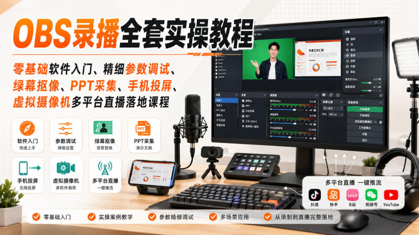 OBS录播全套实操教程|零基础软件入门、精细参数调试、绿幕抠像、手机投屏、虚拟摄像机多平台直播落地课程-宇文网创