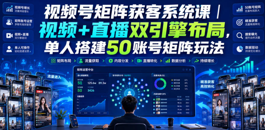 视频号矩阵获客系统课|视频+直播双引擎布局,单人搭建50账号矩阵玩法,流量入池、搜索占位、全域引流沉淀私域全流程教学-宇文网创