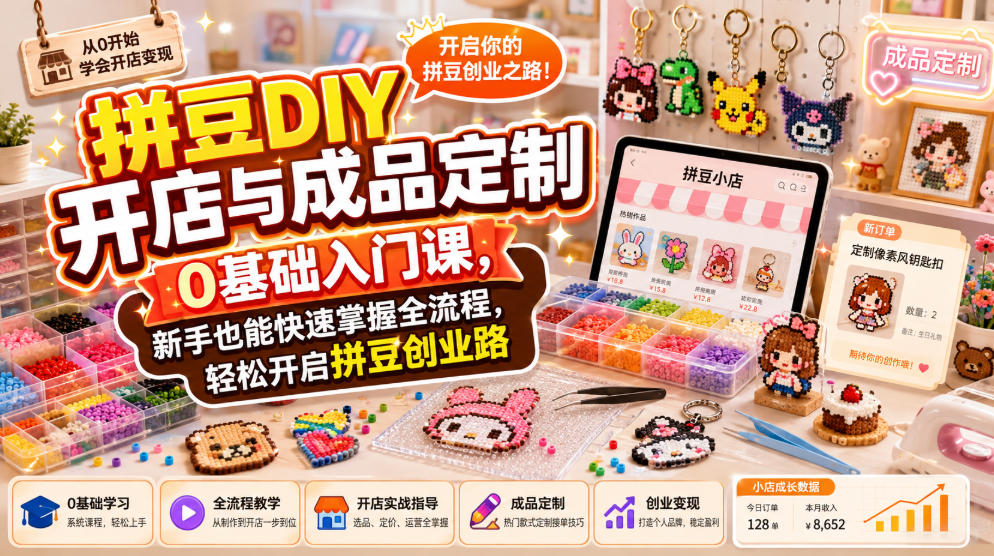 拼豆DIY开店与成品定制0基础入门课,新手也能快速掌握全流程,轻松开启拼豆创业路-宇文网创