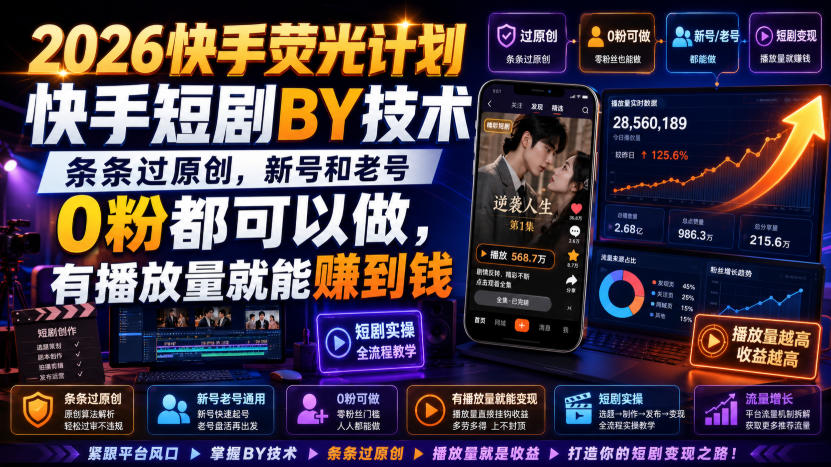 2026快手荧光计划,快手短剧搬运技术,条条过原创,新号和老号0粉都可以做,有播放量就能賺到钱-宇文网创