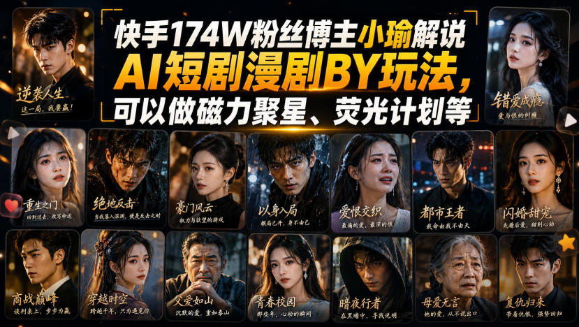快手174W粉丝博主小瑜解说AI短剧漫剧搬运玩法，可以做磁力聚星、荧光计划等-宇文网创
