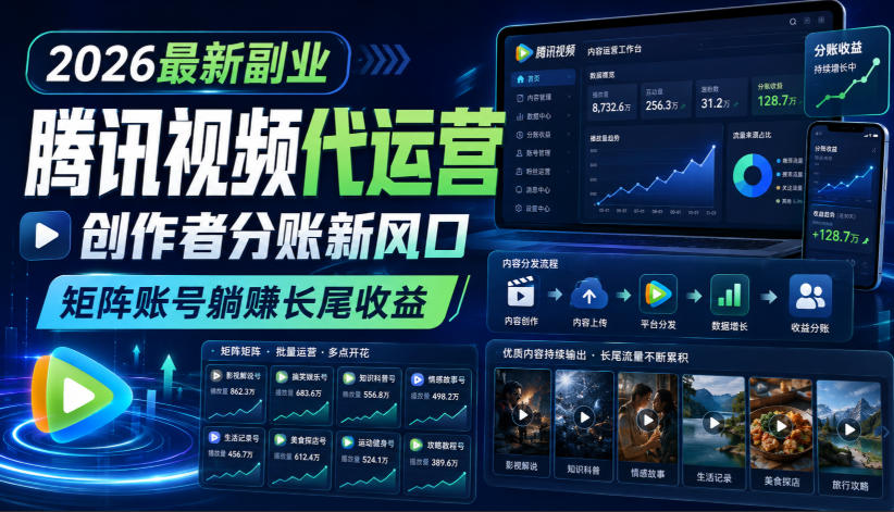 2026最新副业之腾讯视频代运营:创作者分账新风口,矩阵账号躺賺长尾收益【揭秘】-宇文网创
