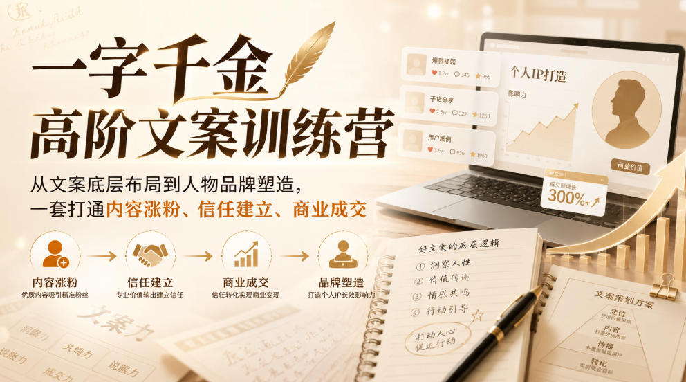 一字千金高阶文案训练营，从文案底层布局到人物品牌塑造，一套打通内容涨粉、信任建立、商业成交-宇文网创