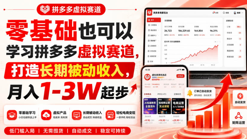 零基础也可以学习拼多多虚拟赛道,打造长期被动收入,月入1-3W起步-宇文网创