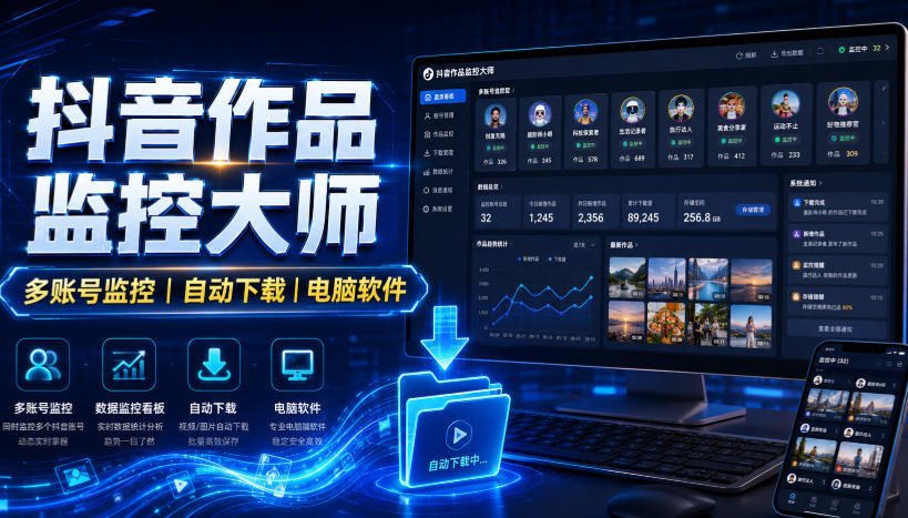 抖音作品监控大师，多账号监控丨自动下载丨电脑软件-宇文网创