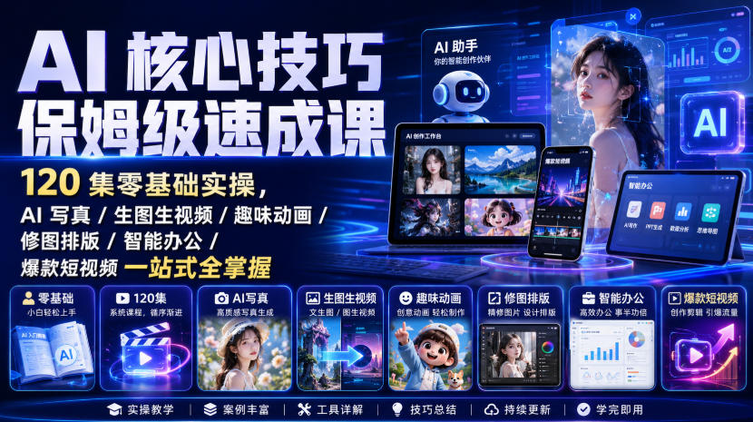 AI核心技巧保姆级速成课|120集零基础实操,AI写真/生图生视频/趣味动画/修图排版/智能办公/爆款短视频一站式全掌握-宇文网创