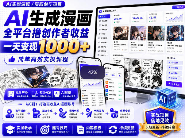 AI生成漫画全平台撸创作者收益内部课程，实操最高单日变现1k+-宇文网创