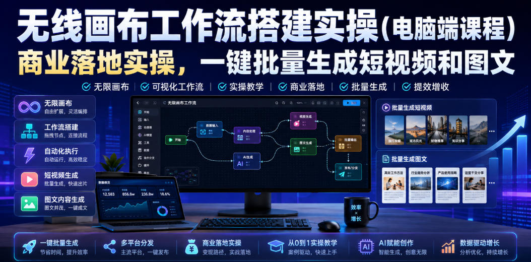 无线画布工作流搭建实操(电脑端课程),商业落地实操,一键批量生成短视频和图文-宇文网创
