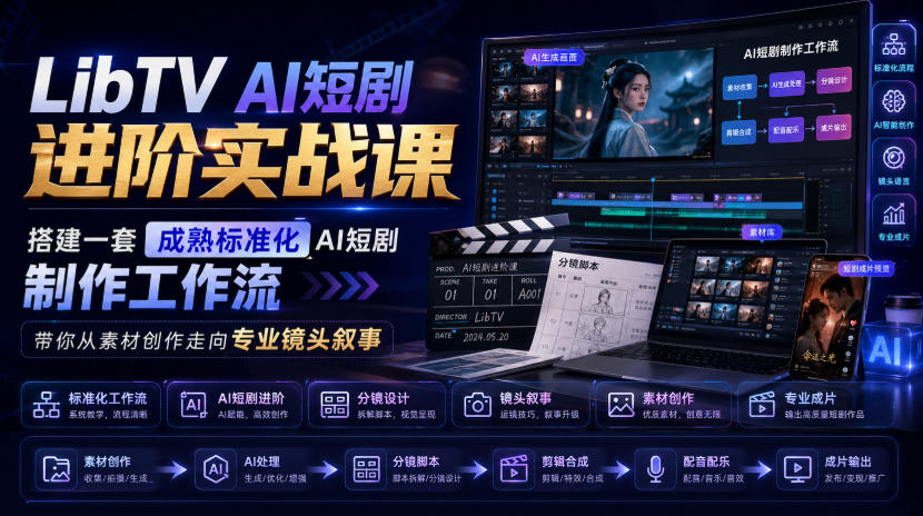 LibTV AI短剧进阶实战课，搭建一套成熟标准化AI短剧制作工作流，带你从素材创作走向专业镜头叙事-宇文网创