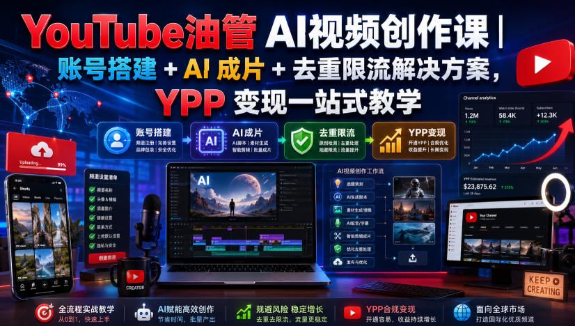 YouTube油管AI视频创作课｜账号搭建+AI成片+去重限流解决方案，YPP变现一站式教学-宇文网创