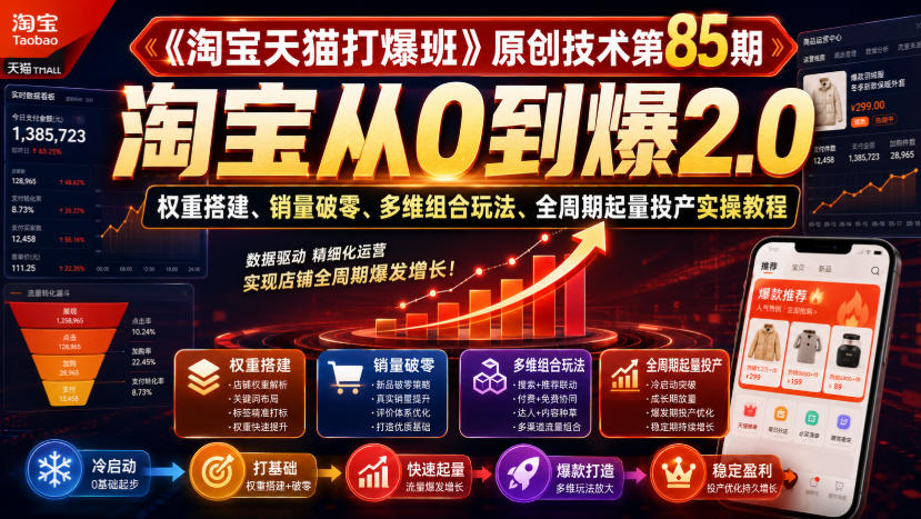 《淘宝天猫打爆班》原创技术第85期,淘宝从0到爆2.0,权重搭建、销量破零、多维组合玩法、全周期起量投产实操教程-宇文网创