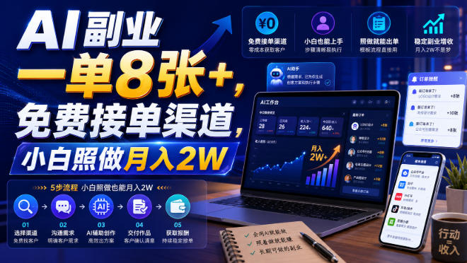 AI副业一单8张+，免费接单渠道，小白照做月入2W【揭秘】-宇文网创