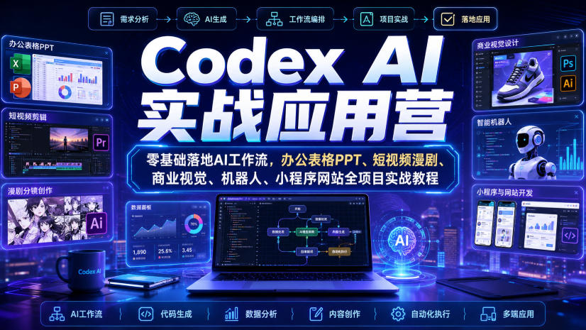 Codex AI实战应用营|零基础落地AI工作流,办公表格PPT、短视频漫剧、商业视觉、机器人、小程序网站全项目实战教程-宇文网创