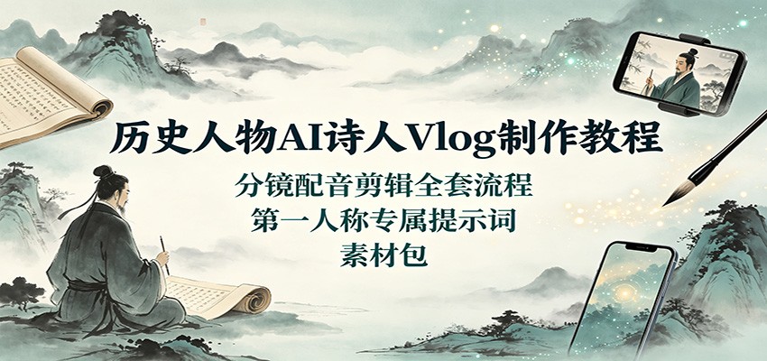 历史人物AI诗人Vlog制作教程:分镜配音剪辑全套流程,第一人称专属提示词素材包-宇文网创