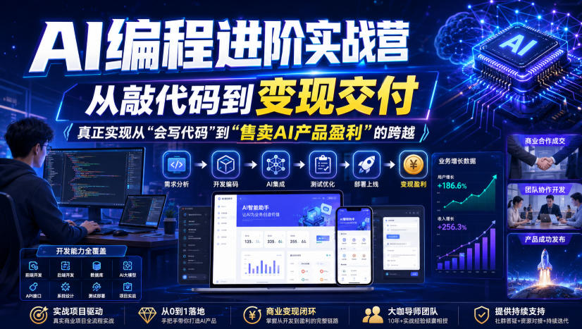 AI编程进阶实战营,从敲代码到变现交付,,真正实现从“会写代码”到“售卖AI产品盈利”的跨越-宇文网创