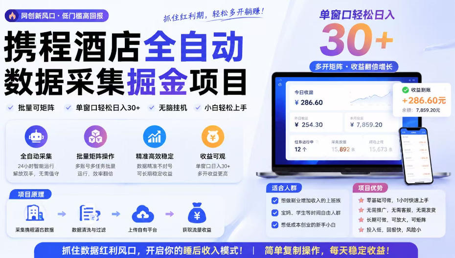 携程酒店采集挂G项目,批量可矩阵,单机轻松日入300+,开启你的睡后收入模式!【揭秘】-宇文网创