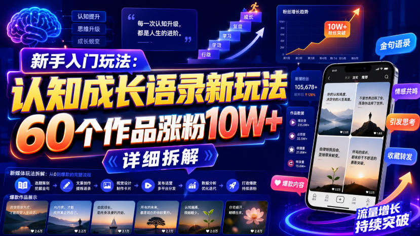 新手入门玩法:认知成长语录新玩法,60个作品涨粉10W+,详细拆解-宇文网创