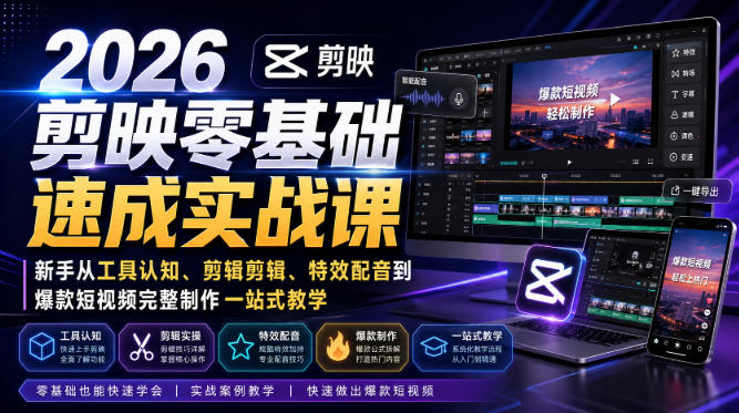 2026剪映零基础速成实战课｜新手从工具认知、剪辑剪辑、特效配音到爆款短视频完整制作一站式教学-宇文网创