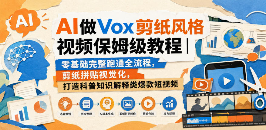 AI做Vox剪纸风格视频保姆级教程|零基础完整跑通全流程,剪纸拼贴视觉化,打造科普知识解释类爆款短视频-宇文网创