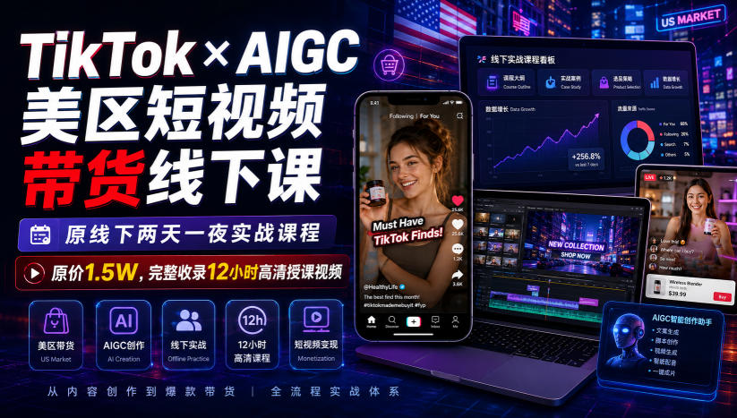 TikTok×AIGC美区短视频带货线下课,原线下两天一夜实战课程,原价1.5W,完整收录12小时高清授课视频-宇文网创