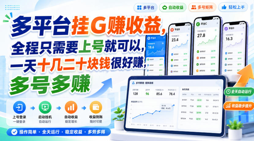 多平台挂G賺收益，全程只需要上号就可以，一天十几二十块钱很好賺，多号多賺【揭秘】-宇文网创