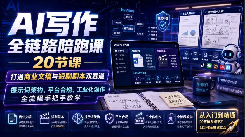 AI写作全链路陪跑课|20节课打通商业文稿与短剧剧本双赛道,提示词架构、平台合规、工业化创作全流程手把手教学-宇文网创
