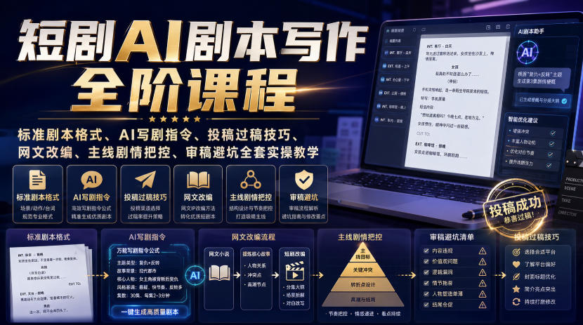 短剧AI剧本写作全阶课程｜标准剧本格式、AI写剧指令、投稿过稿技巧、网文改编、主线剧情把控、审稿避坑全套实操教学-宇文网创
