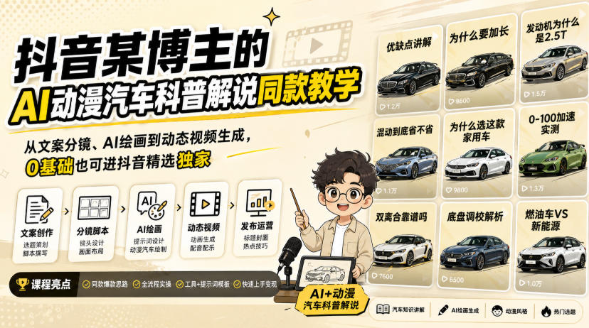 抖音某博主的AI动漫汽车科普解说同款教学,从文案分镜、AI绘画到动态视频生成,0基础解锁抖音精选独家收益-宇文网创
