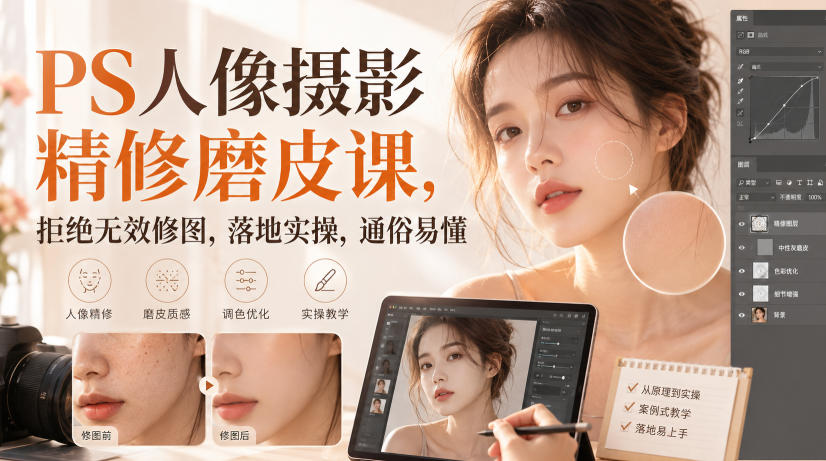 PS人像摄影精修磨皮课，拒绝无效修图，落地实操，通俗易懂-宇文网创