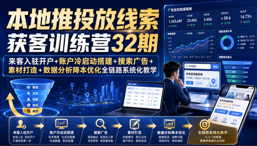 本地推投放线索获客训练营32期|来客入驻开户+账户冷启动搭建+搜索广告+素材打造+数据分析降本优化全链路系统化教学(8月全新课程)-宇文网创