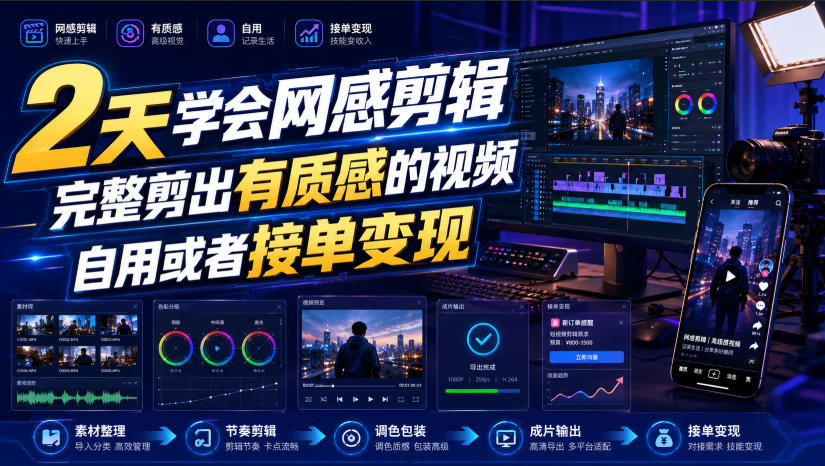 2天学会网感剪辑，完整剪出有质感的视频，自用或者接单变现-宇文网创