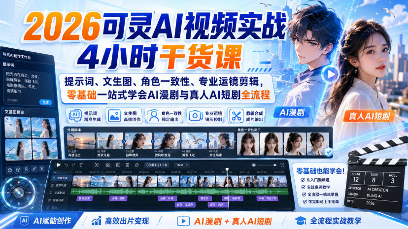 2026可灵AI视频实战4小时干货课|提示词、文生图、角色一致性、专业运镜剪辑,零基础一站式学会AI漫剧与真人AI短剧全流程-宇文网创